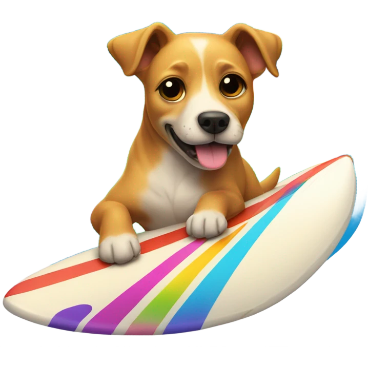 Dog surfing on a rainbow emoji