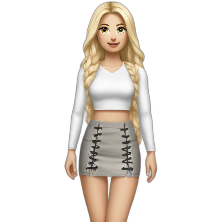 hyperrealistic caucasian female, long straight blonde hair, white lace up crop top and grey tight mini skirt emoji