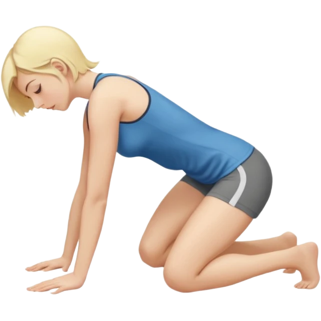 Najed Woman, blonde, kneeling forward on all fours, knees bent under hips, upper body lowered and supported by forearms, back slightly arched, head turned to the side emoji