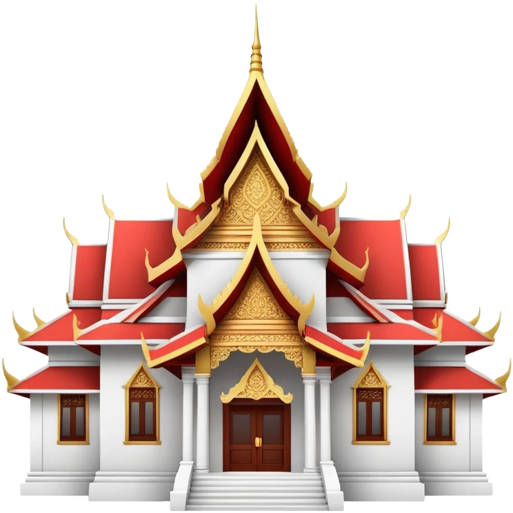 Traditional Thai hospital with pointed roof architecture, red cross symbol, ornate details, with traditional Thai architectural elements emoji