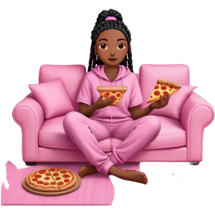 A dark-brown-skinned Black woman with black box braids, sitting on a pink couch, holding an open pizza box.She’s wearing comfy loungewear, looking relaxed and enjoying her food. emoji