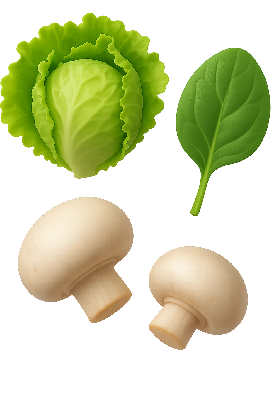 emoji stile iphone 3d di lattuga, spinaci, funghi che fluttuano in aria, iperealistico 4k emoji