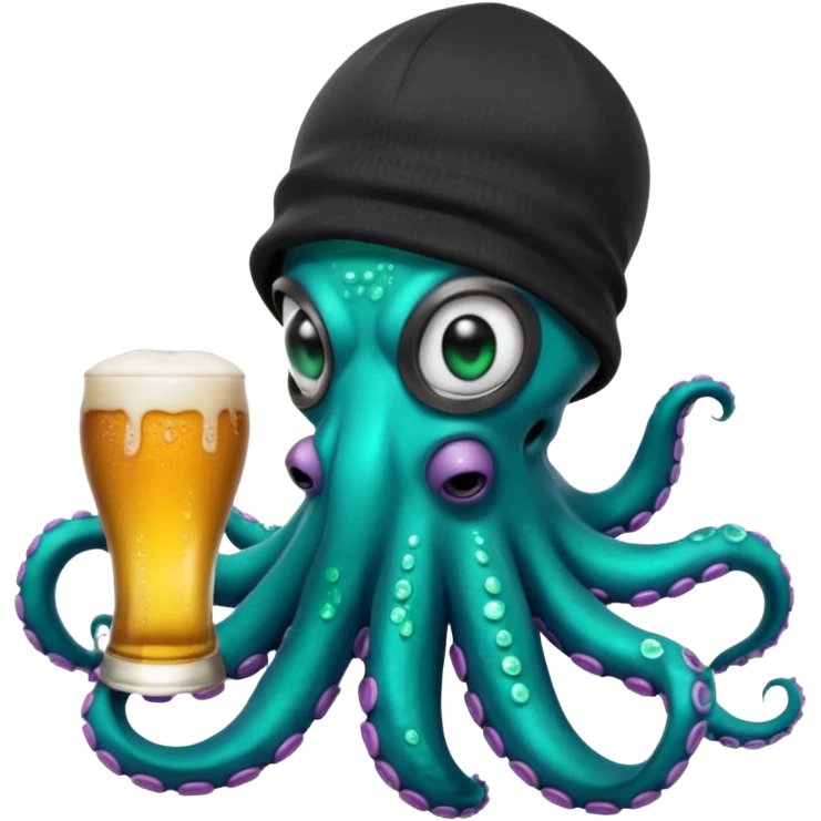 Epic octopus with an iridescent green base layer coloring and pearl black secondary layer of color, with teal neon colored suction cups under the tentacles. Octopus is wearing balaclava, a backwards hat, is holding 2 beers, and has a white teardrop face tattoo emoji