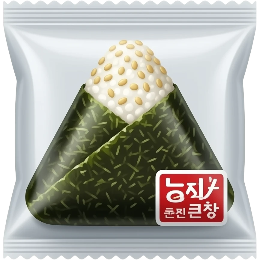 triangle kimbap in transparent plastic packaging, detailed seaweed texture, Korean convenience store product, clean white background, minimal commercial product photography emoji