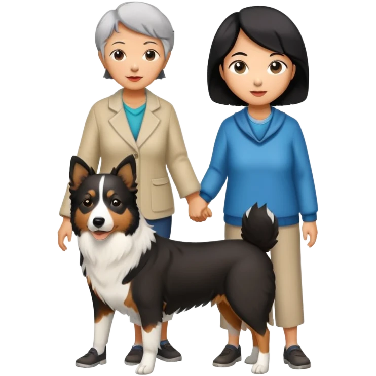 a 60-year-old asian woman with short black hair standing with a border collie emoji