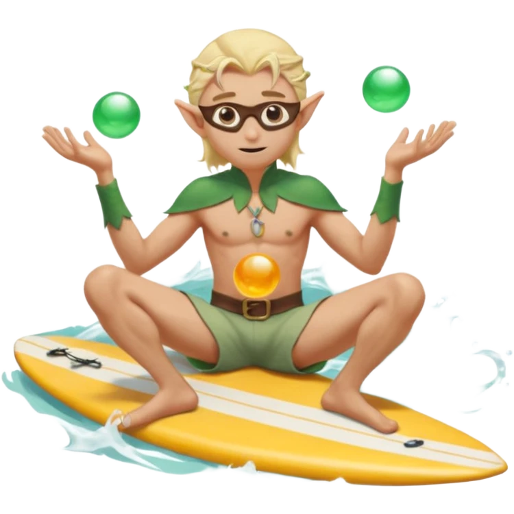 elf male legolas sitting on surfboard (ashore), hands manipulating two orbs of swirling seawater giving a "massage" to his own shoulders, wearing relaxed linen shorts over swimwear, tinted elven sunglasses, pointy ears, content expression, centered emoji emoji