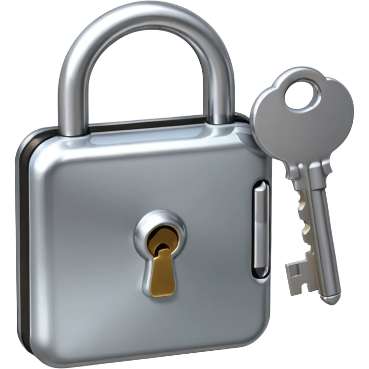 A chrome silver lock and key emoji, smooth metallic surfaces, glossy reflections, luxury swag vibe, minimal iOS emoji style, centered on clean white background emoji