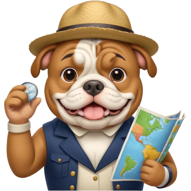 English bulldog as a cheerful tour guide, wearing a hat and holding a map emoji