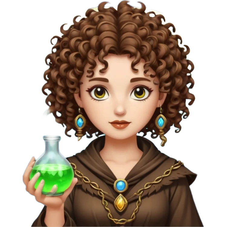 moon punk druid woman short tight curly brown hair glowing potion emoji