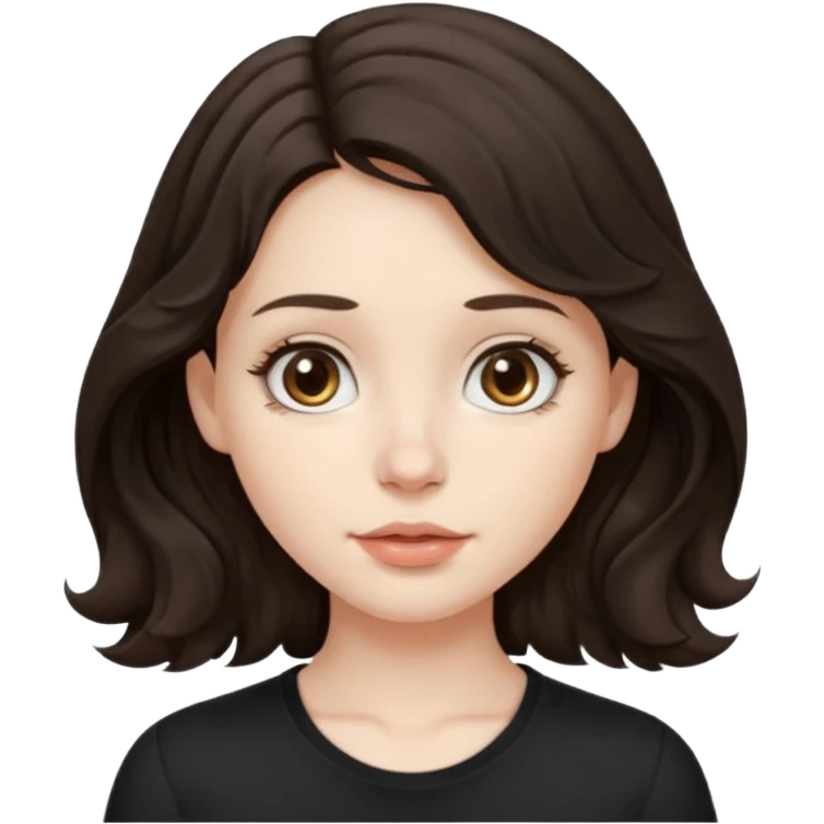 Shoulder lenght very dark brown wavy (wavy from the middle of the head, not from the scalp) hair, pale skin, brown eyes , big round nose, soft small lips, girl emoji with a white background and she's wearing a black shirt emoji