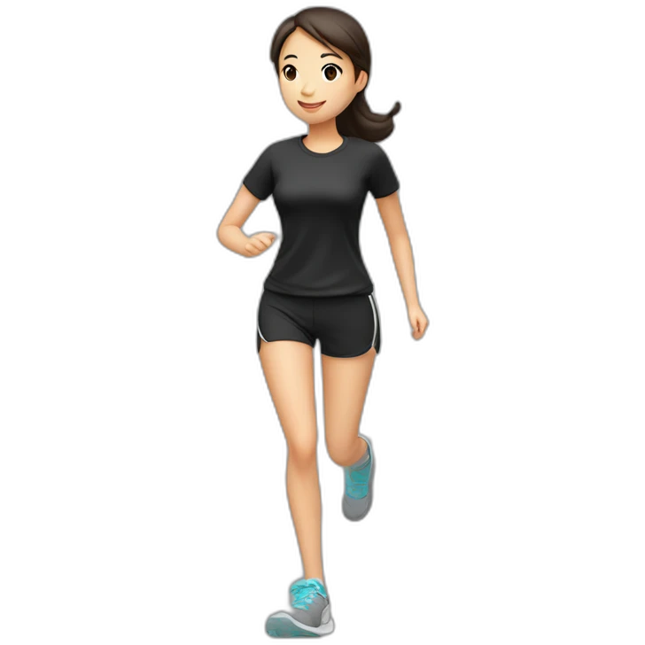 asian girl，jogging，black shirt and shorts，full body，side view emoji