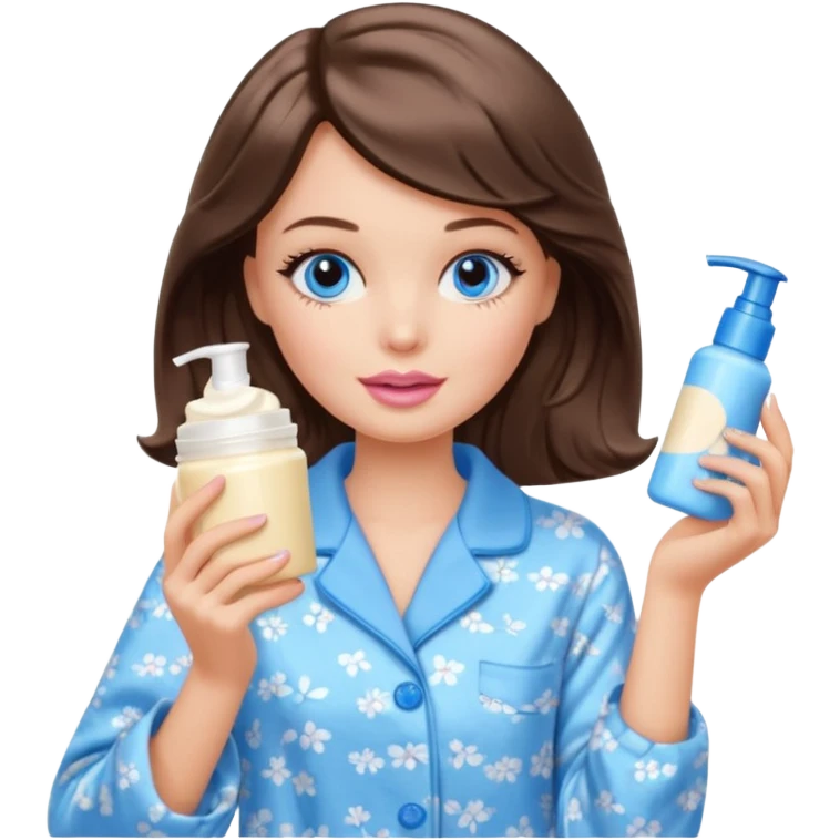 Barbie girl with makeup, blue eyes , and bob long haircut wavy, short brown hair in creamy color pajamas, face cream in hand emoji
