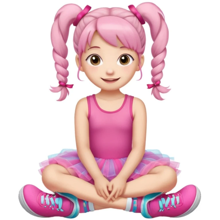 A cute young girl with pigtails sits on the floor, wearing a pink tutu dress and colorful sneakers. She has large, expressive eyes and a cheerful smile, resting her chin on her hands. The background is a soft, neutral color that enhances her playful demeanor. emoji
