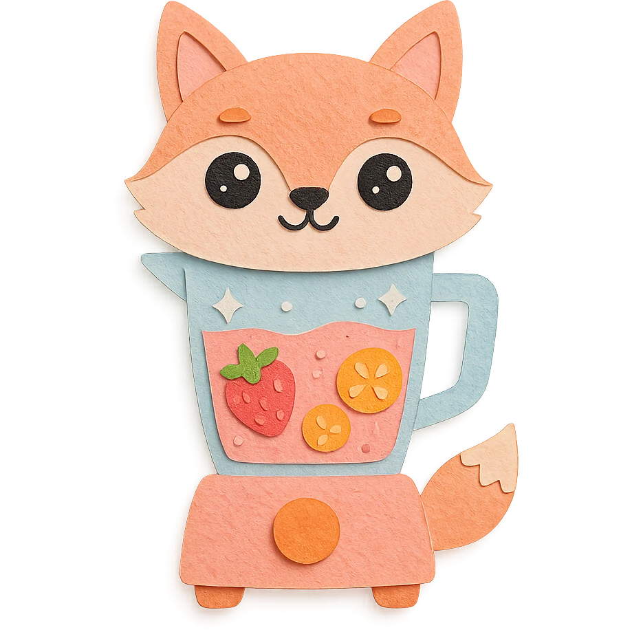 full-body cute fox-shaped blender with see-through body showing fruity smoothie, sparkling eyes, pastel pink, paper craft style emoji