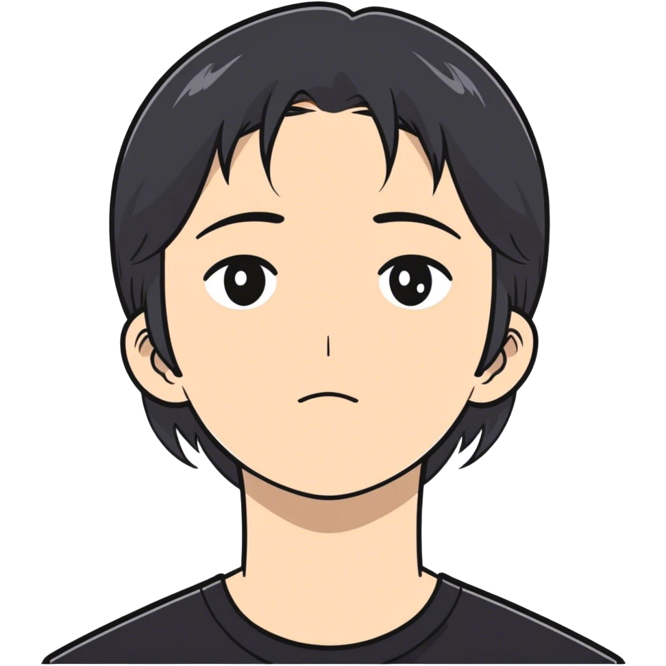 Joven con el cabello negro agarrado con una pinza y dos mechones en la cara con camisa negra emoji