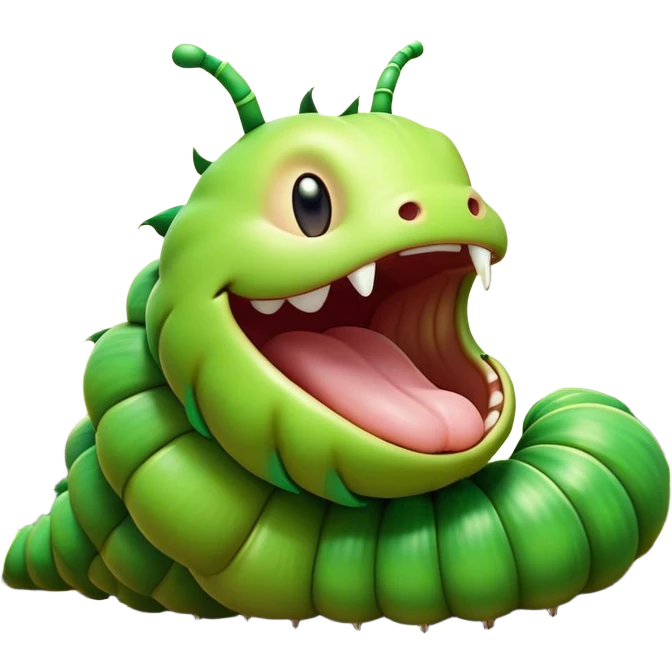 Cinematic Realistic Cute Yawning Caterpillar Portrait Emoji, Head tilted slightly with a dramatic, wide-open yawn, showcasing a soft, downy segmented body in vivid green with subtle drooping and half-closed, drowsy eyes, rendered with intricate natural texture and gentle shadows, high shine, relaxed yet expressive, styled with a dash of woodland charm, soft glowing outline, capturing the essence of a sleepy yet affectionate caterpillar that appears ready to stretch out and rest among the leaves! emoji