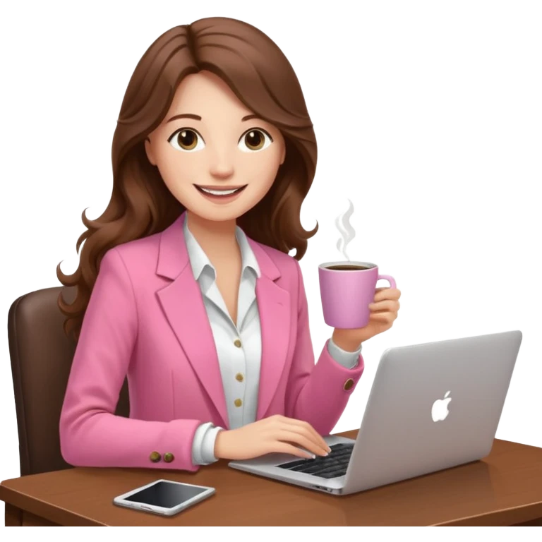 smiling woman with long wavy brown hair, pink blazer, white top, holding coffee and working on laptop — cozy home office background emoji