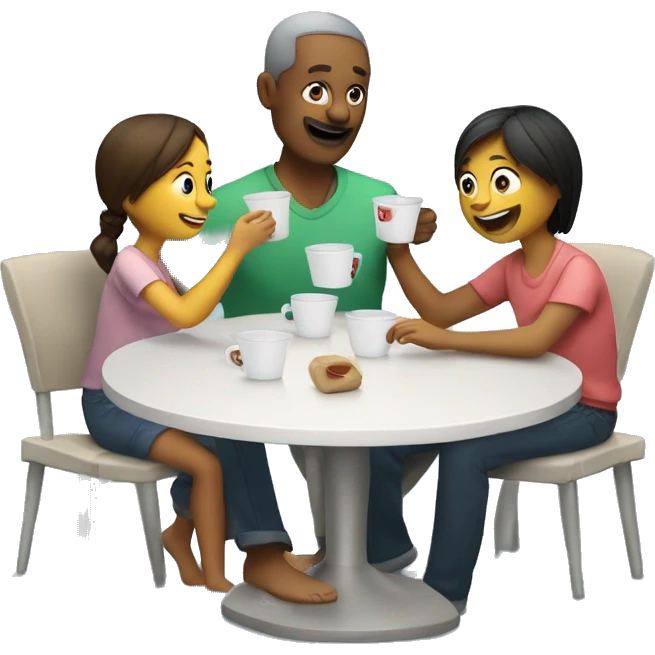 An emoji of a family—mother, father, and child—sitting at a table, playing a cup game with paper cups arranged on the table as they have fun together emoji