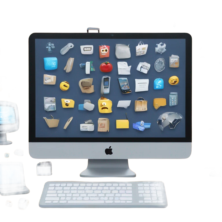 Centered on a large computer screen with a sleek website mockup, surrounded by subtle tech-themed icons (like shopping carts, coding symbols, and connected nodes). emoji