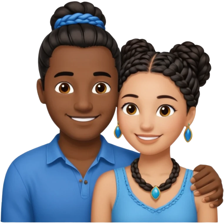 smiling embracing interracial couple from waihair in a bunn in a bunst up. dark ebony woman with long braided hair and jewelry. brazillian man short hair wearing blue. emoji