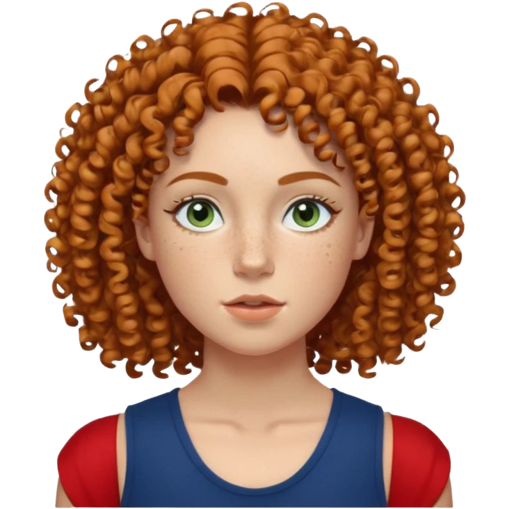 Curly-haired girl with freckles on her nose, medium lips, broad shoulders, no breasts, wearing navy blue sleeveless body as a top, defined shoulder muscles, her eyes are colored with the mix of green and blue, has small roman nose, has defined cheekbones emoji