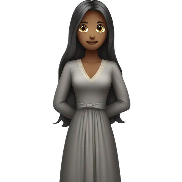 A young women with long hairs in formal dress standing and folding her hands emoji