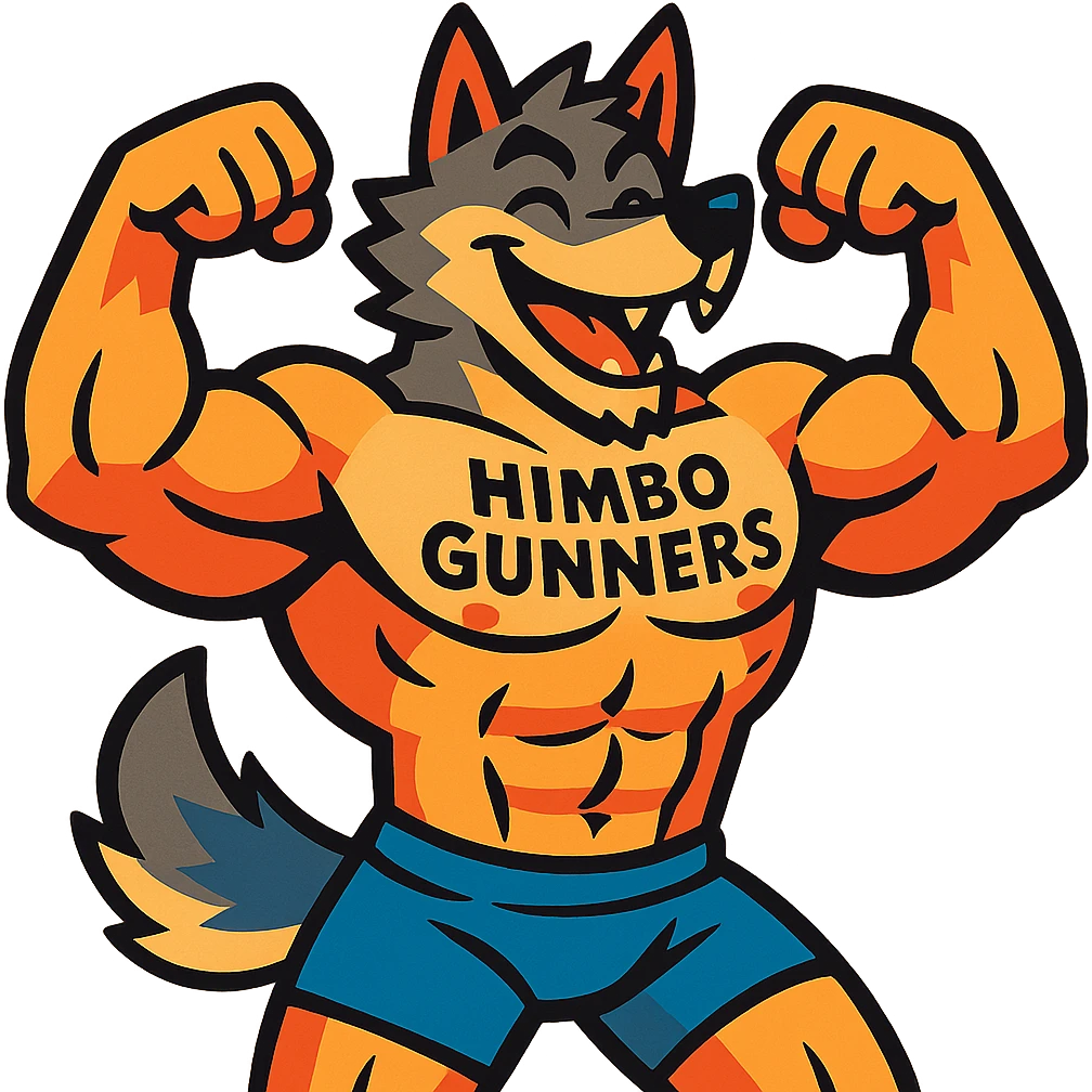 very muscular wolf furry, shirtless, 'Himbo Gunners' tattooed on chest, flexing pose, energetic and playful emoji