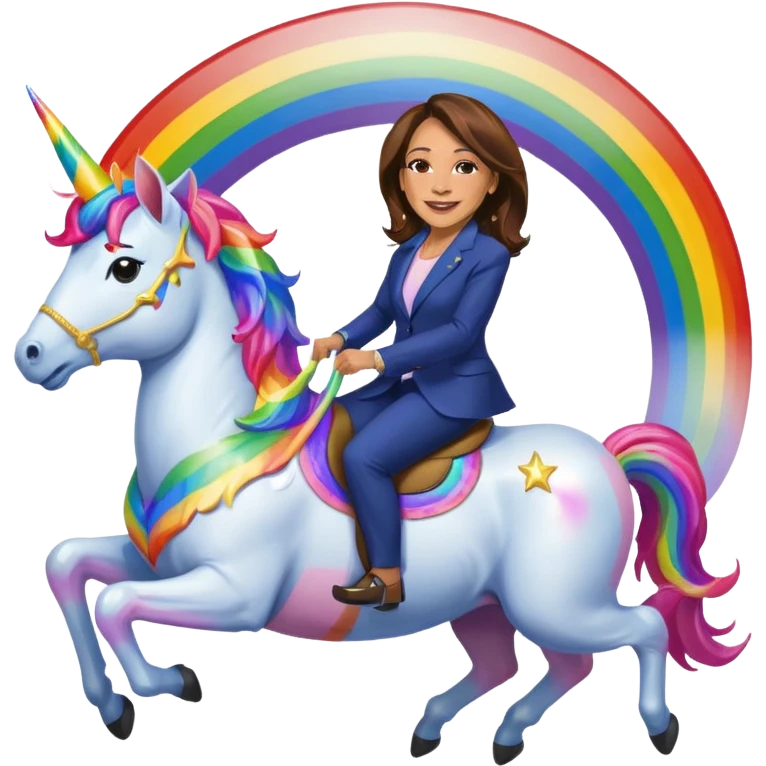 Kamala Harris and donald trump riding a rainbow unicorn emoji