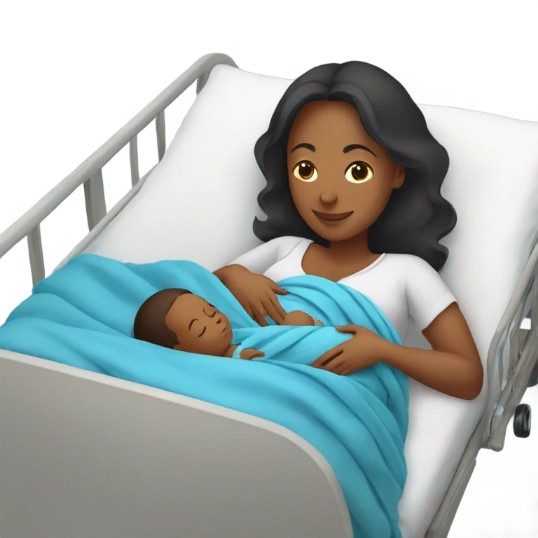 pregnant women holding her newborn baby in a blue swaddle blanket and she in laying down on a hospital bed  emoji