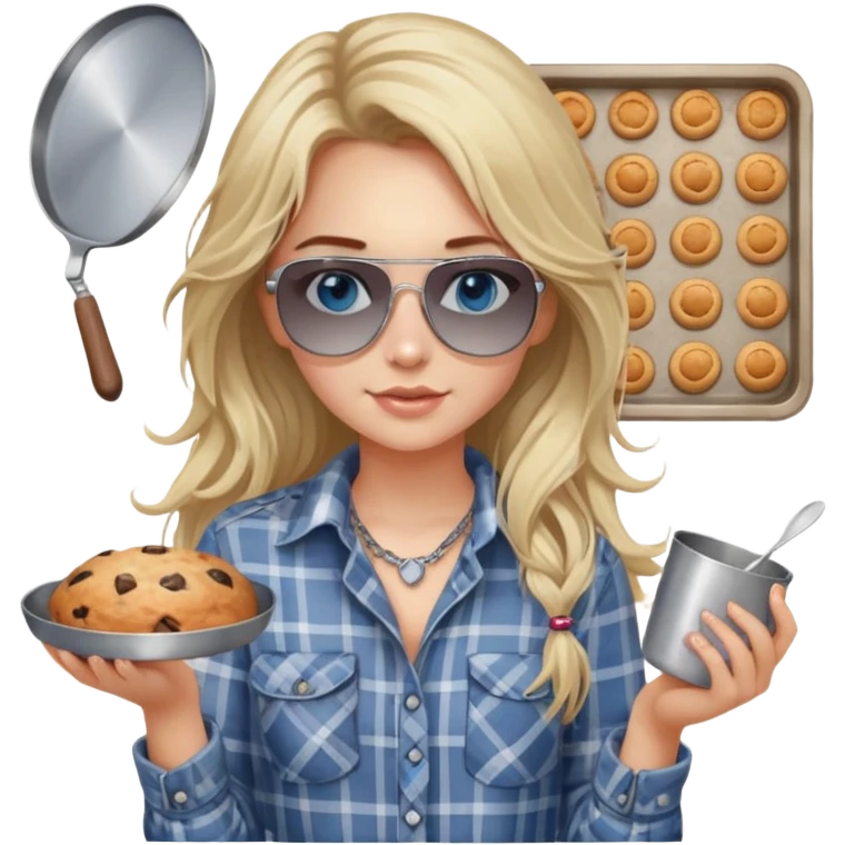 girl with long blond messy hair wearing grey plaid shirt with blue eyes and aviator sunglasses wearing a ring on her silver necklace, holding baking supplies emoji