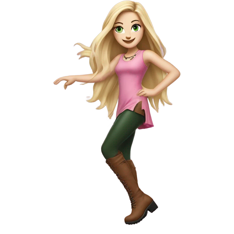Realistic White girl with Long straight blonde hair, green eyes, tattoos, full body wearing pink dress and Brown knee-high leather boots, dancing emoji