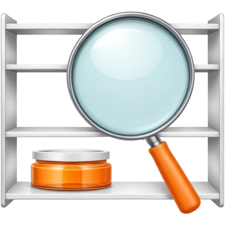 front view magnifying glass over orange beauty product shelf searching for last item emoji