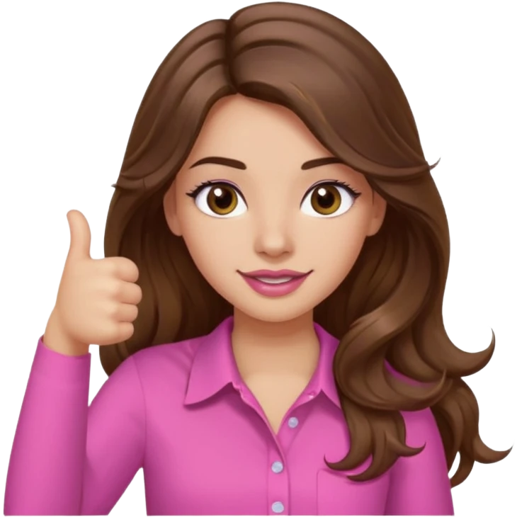 girl with long wavy brown hair, brown eyes, light to medium complexion, in a pink shirt, pink lips, long lashes, thumbs up emoji