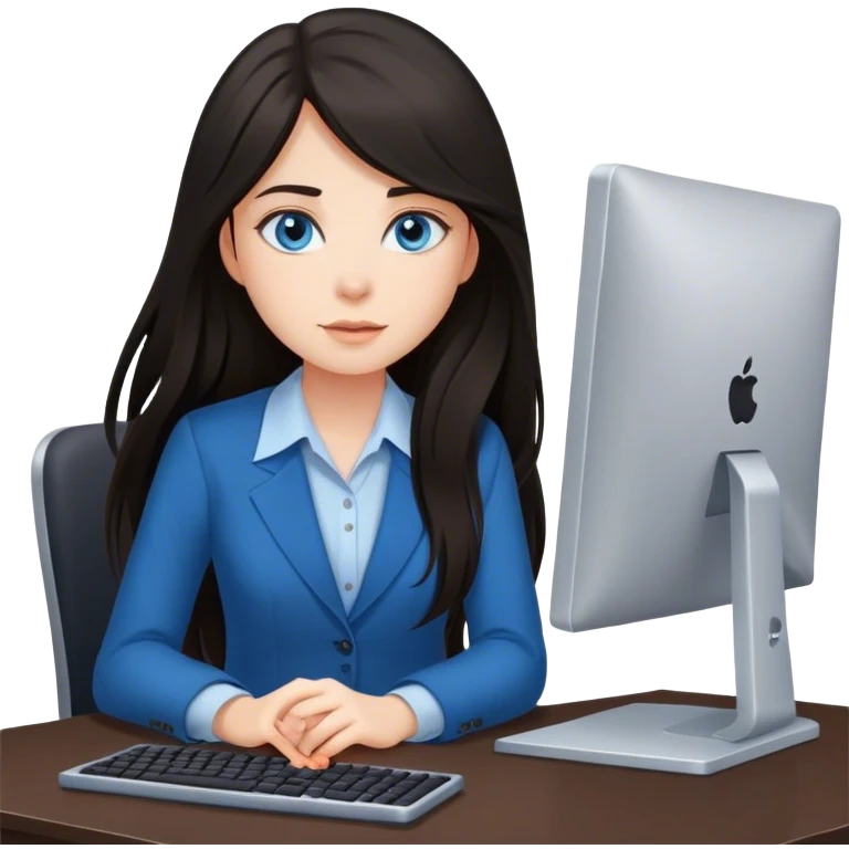 Dark-haired girl with long hair and blue eyes, beautiful, dressed in office style, sits with a computer emoji