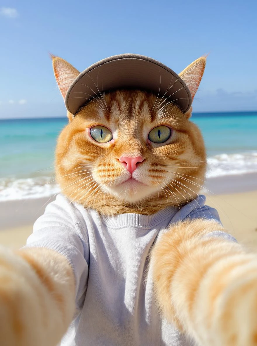 Orange tabby cat in a t-shirt and cap taking selfies against the background of beach and blue sea, shot with an 85 mm f/11 lens, ISO 100, 8K RAW, no blur emoji