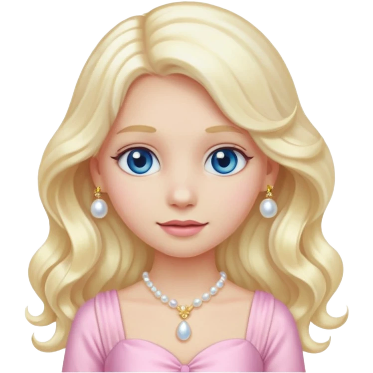 girl emoji with long wavy platinum blonde hair, blue eyes, pale peachy-pink skin, pastel pink fancy dress #f3c3cf, pearl hair clip, and gold jewelry emoji