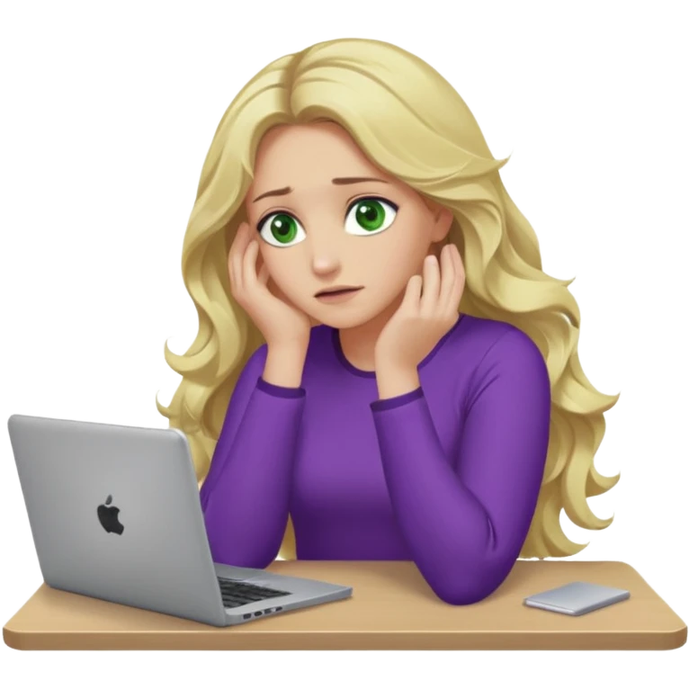 lady with long blonde wavy hair, purple top, green eyes,one elbow one desk hand on face with a laptop looking defeated emoji