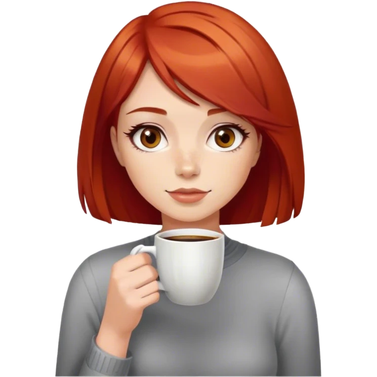 Дівчина з рудим волоссям та стрижкою каре з карими очима п'є каву emoji