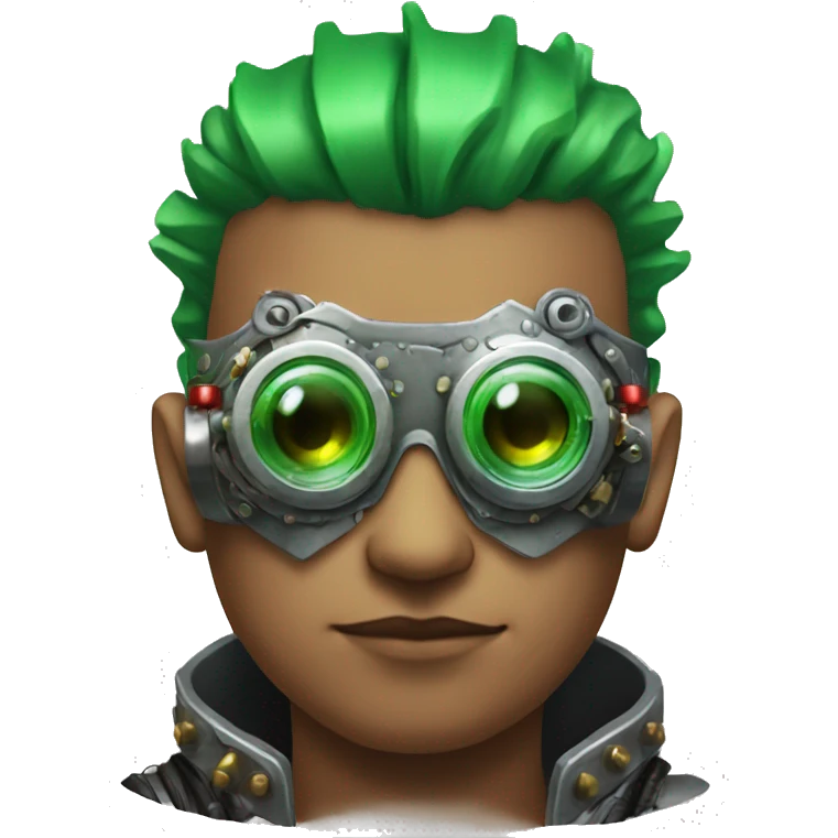 Male cyborg with thin red Mohawk and green steampunk goggles emoji