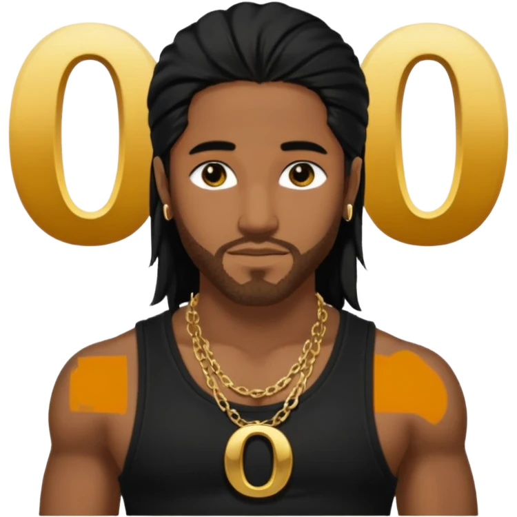 Omarion medium dark skin, long black hair, black tank top with necklace with letter o emoji