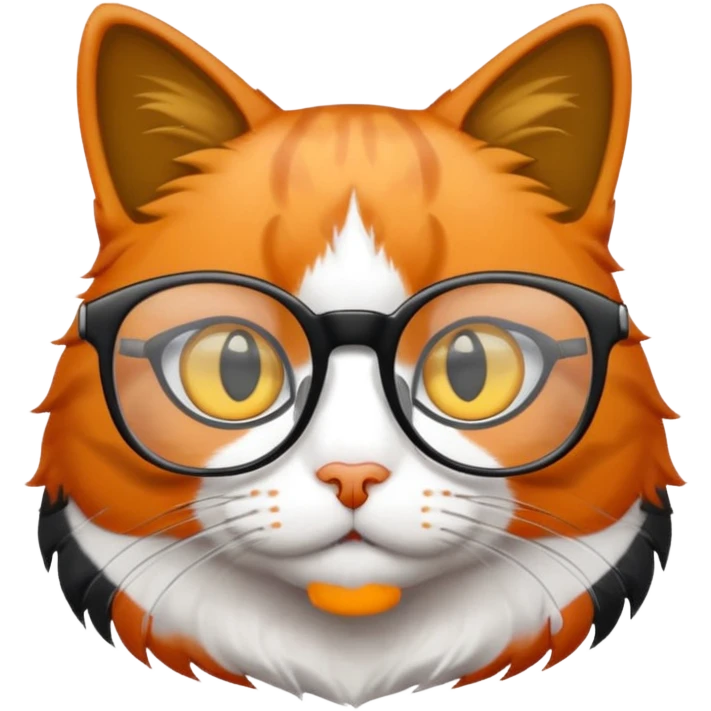 un gato de tres colores naranja, negro y blanco con gafas de leer emoji