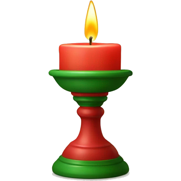 Lit candle in red holder with green details, warm and cozy emoji