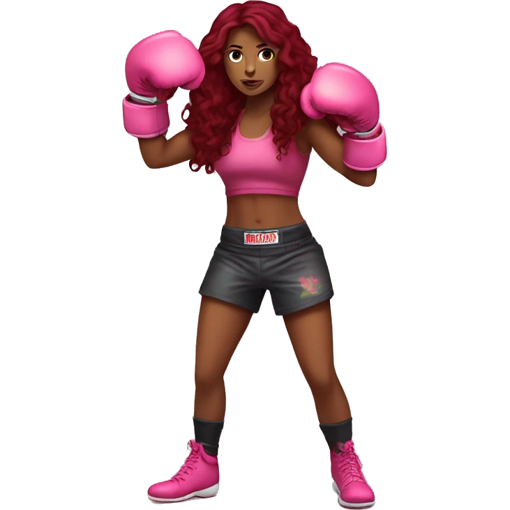 Beautiful tattooed  burgundy long haired woman boxing with pink gloves emoji