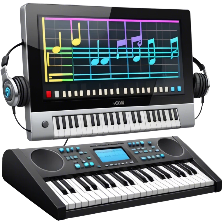 Create a professional and artistic emoji that represents writing music tracks. The design should feature a large monitor displaying musical notes or a score, positioned in front of a professional Korg synthesizer. Add elements like studio headphones, a MIDI keyboard, and an audio interface to symbolize the tools used in music production. Use sleek, modern colors like silver, black, and neon accents to convey the professional environment of music composition. The background should be transparent. emoji