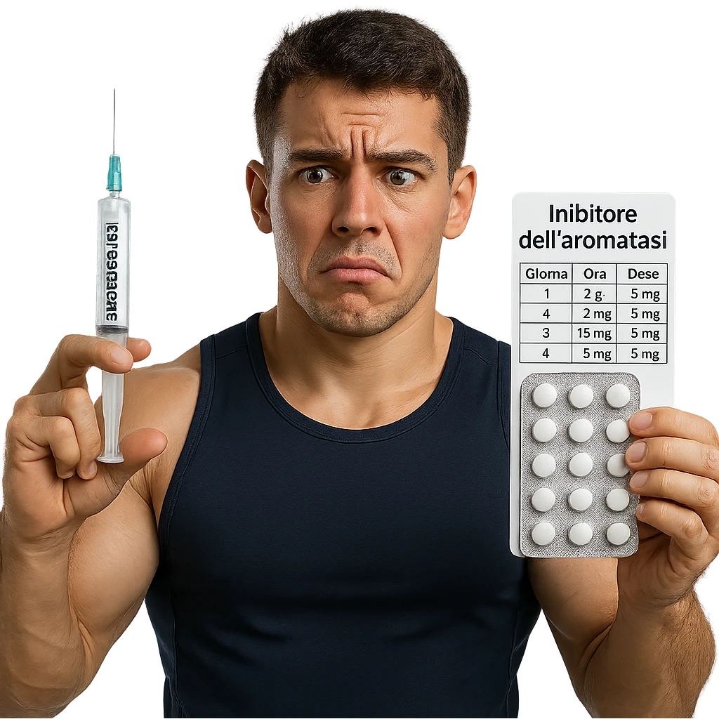 young athlete with swollen muscles holding a syringe labeled 'Testosterone' and a pill package labeled 'Inibitore dell'aromatasi', dosage table with Italian text and errors, confused expression, white background, 4K quality emoji