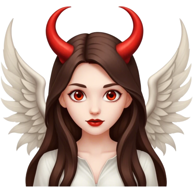 beautiful pale brunette girl with long hair with devil horns and wings emoji