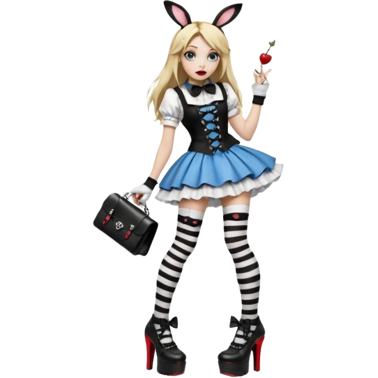  3d rendering,  ultra detailed, Alice in wonderland modern style in a punk gothic style outfit, stripped knee high socks, gothic platform heels, long blonde hair, eyeliner, red lipstick, falling through rabbit hole,  transparent background
 emoji