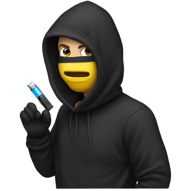 a guy in a black hoodie wearing a balacalava and hitting a vape emoji