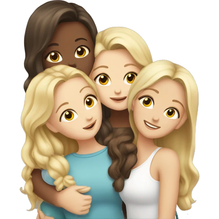 four white girls hugging, two dark blondes, two brown-haired emoji
