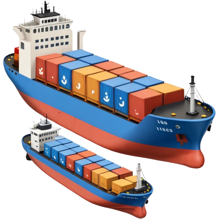 top view of a cargo ship, a truck, and an industrial company side by side, clear symbols, friendly colors emoji